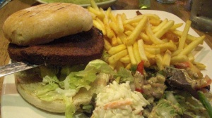 Veggie burger and fries. Note lack of dressing on burger.